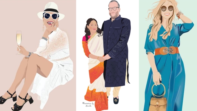 illustrations of bride groom and guests on wedding day 