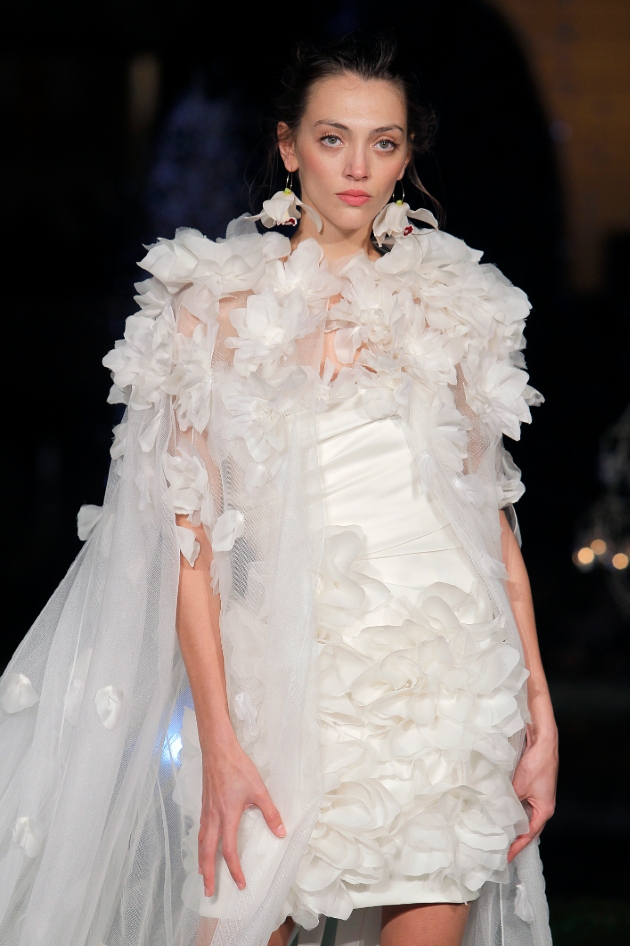 Marchesa Gwen wedding dress with floral details cape