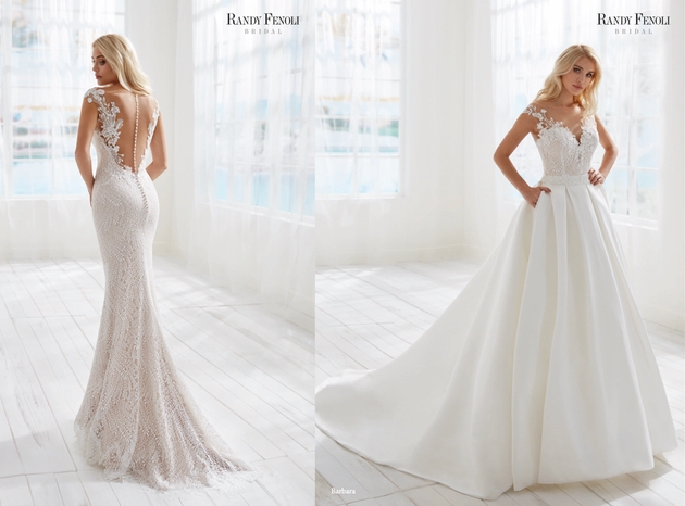Barbara dress by Randy Fenoli. Fitted lace wedding dress with removable full skirt