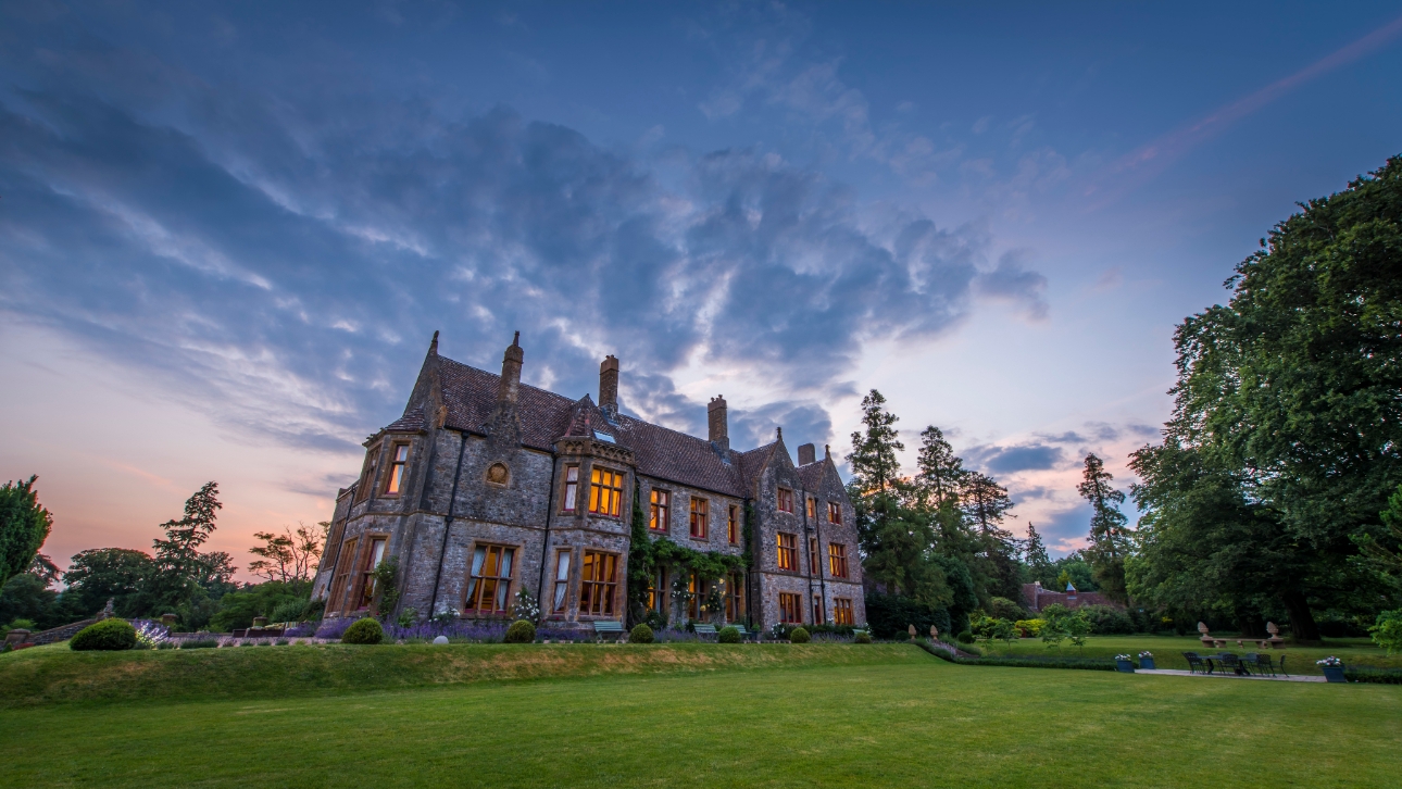 Huntsham Court, Devon outside view of the manor house from the garden