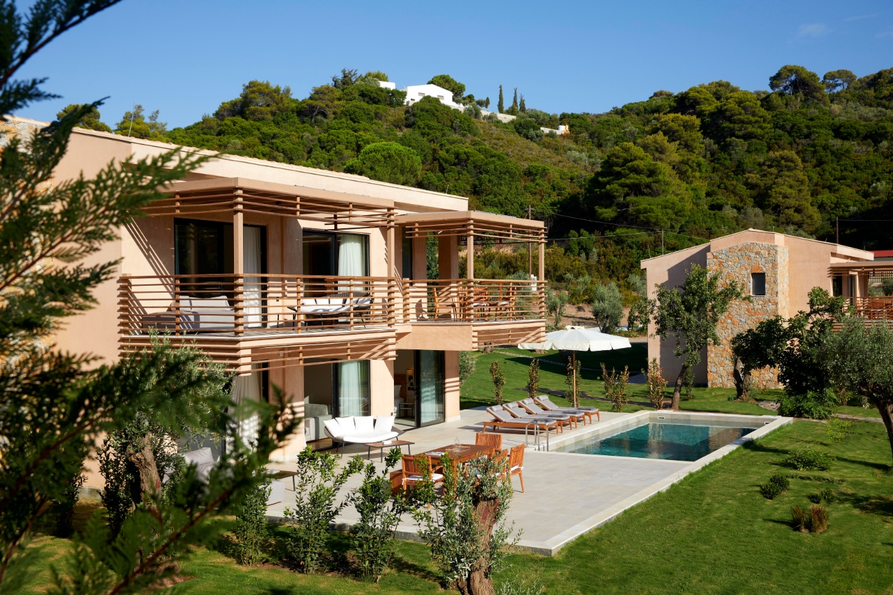 ELIVI SKIATHOS front of Swan Villa showing pool