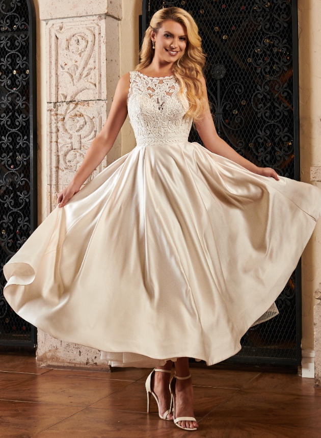 Marys Bridal tea length satin wedding dress from Essex bridal boutique Dress Code Nine