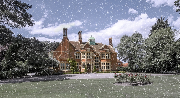Exterior of Baddow Park House in Chelmsford in snow