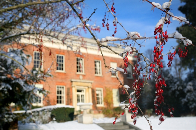 exterior of Essex Wedding venue Hedingham Castle in snow