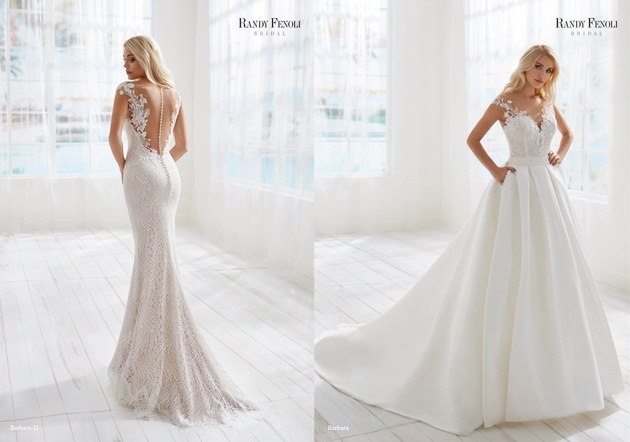 Front and back view of ivory lace fitted dress Barbara by Randy Fenoli