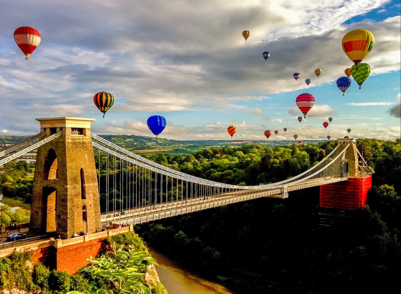 clifton bridge with hot air balloons flying over