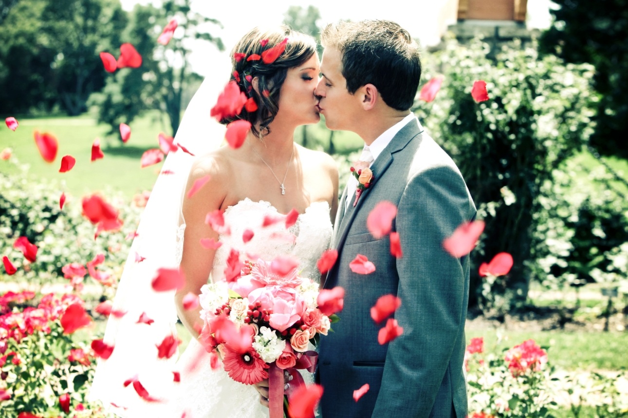 couple in wedding clothes kissing and confetti being thrown