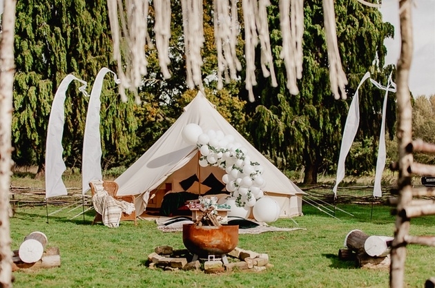 Glamping bell tent set up for a wedding at Sparrow Campsite in Essex.