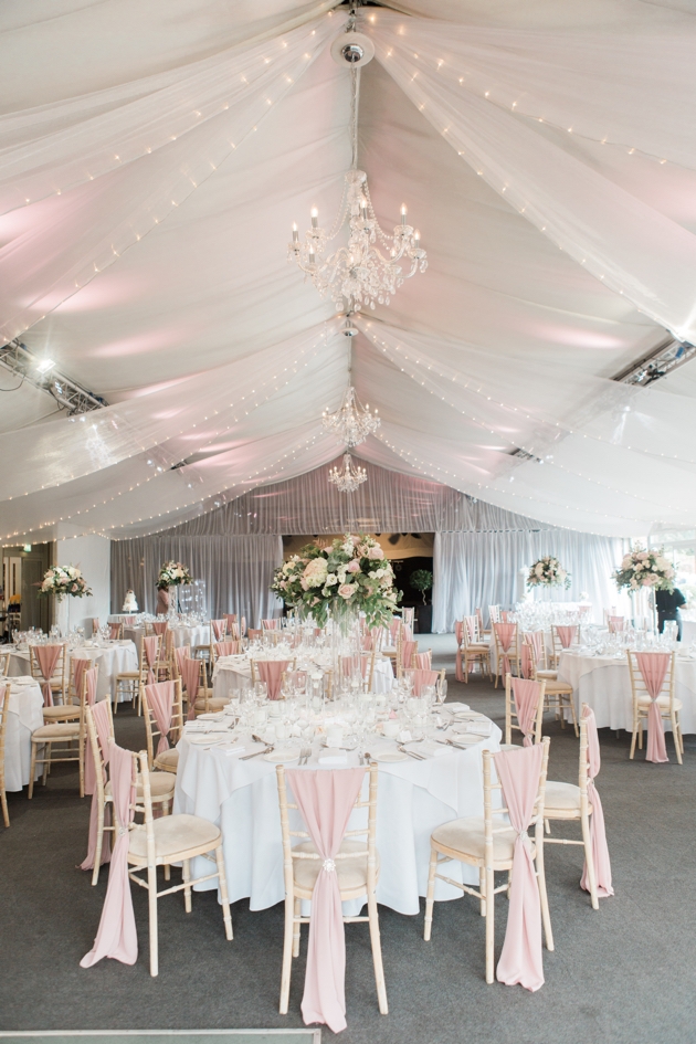 Interior of marquee dressed for a wedding at Braxted Park venue.