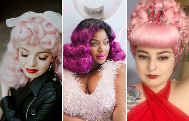 three models with coloured wigs in different retro styles 