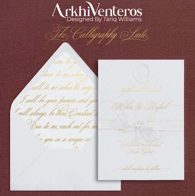 wedding stationery suite white and gold on a red background