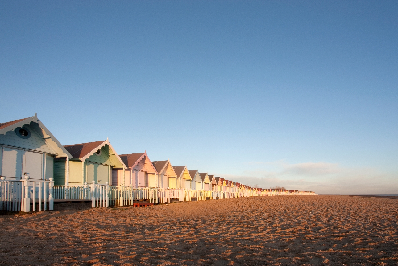 multicoloured Beach huts at Mersea, Essex