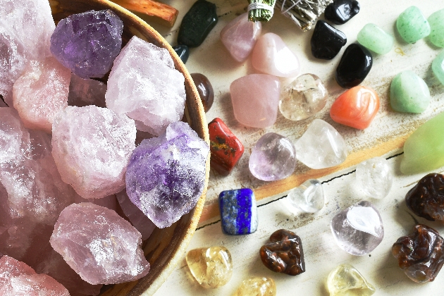 Crystals, including rose quartz