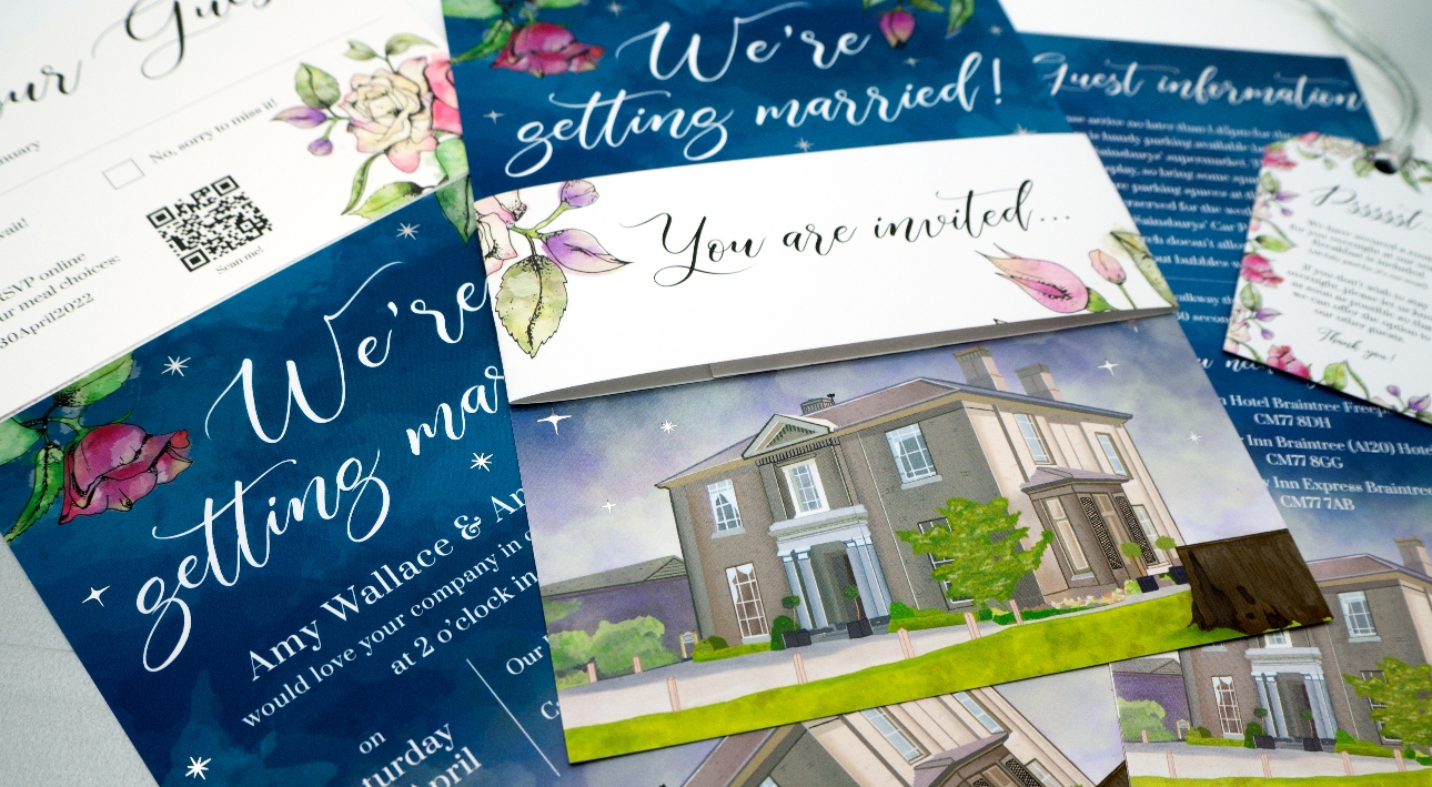blue and floral wedding invite with drawing of a manor house