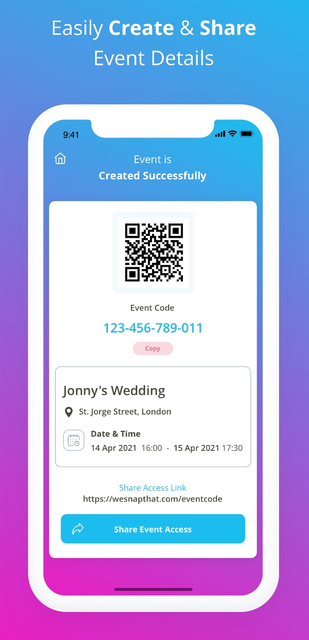 screen shot from a phone of app creating event