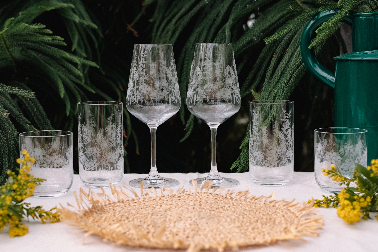 group set of clear glassware etched with a floral pattern