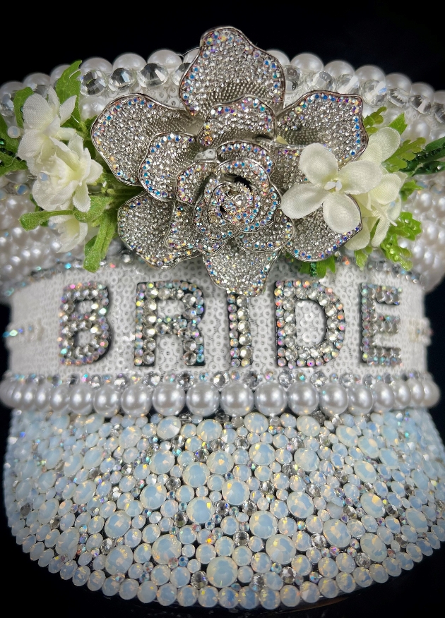 jewelled hat with large bride letters and flower
