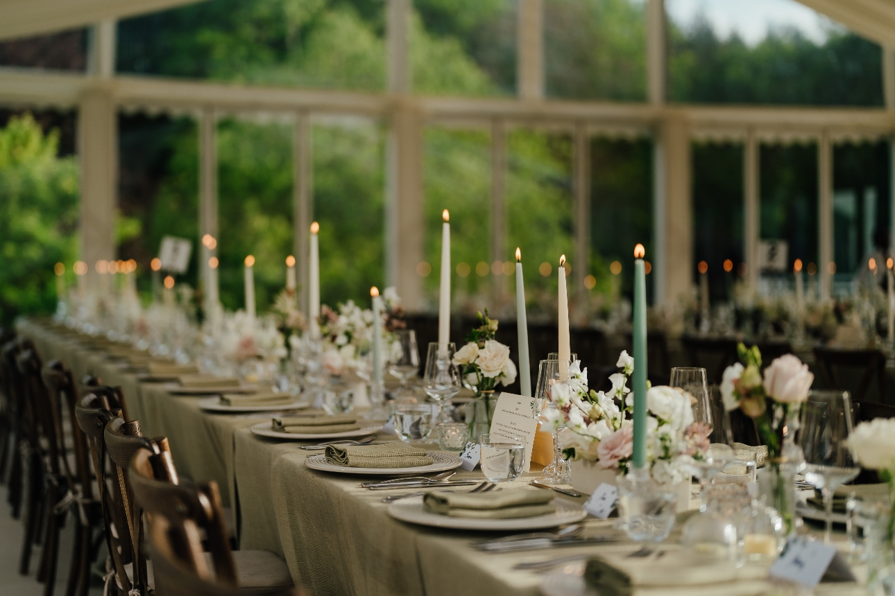 wedding reception table set up with eco products and dining items
