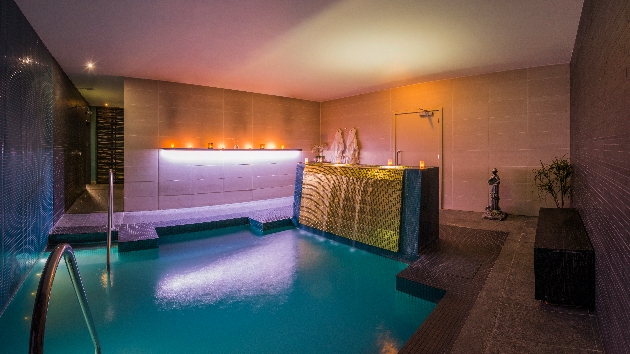 dimly lit spa room with swimming pool