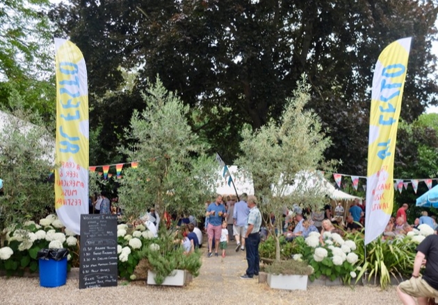 beer garden with pop up flags and beer stalls