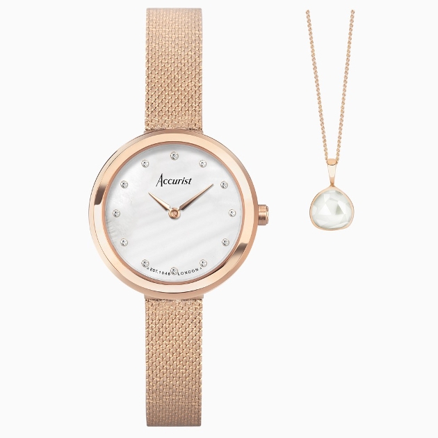 Accurist X Sarah Alexander mother of pearl watch and necklace set