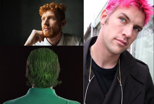three images of men with different coloured bright hair