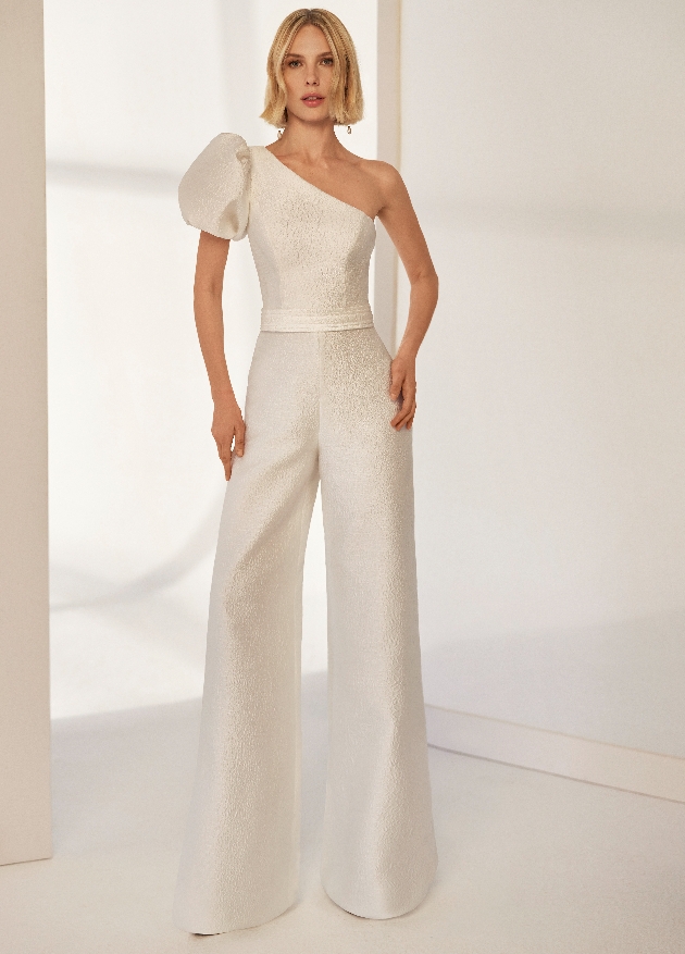 sparkle jumpsuit one shoulder puff sleeves