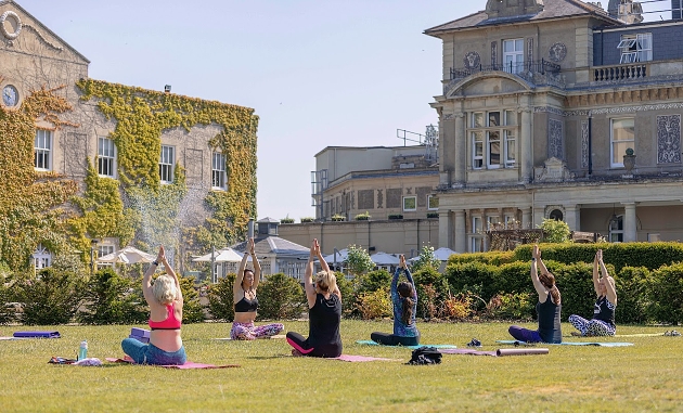 group of people doing yoga on the grass