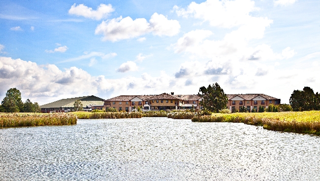 hotel next to a lake