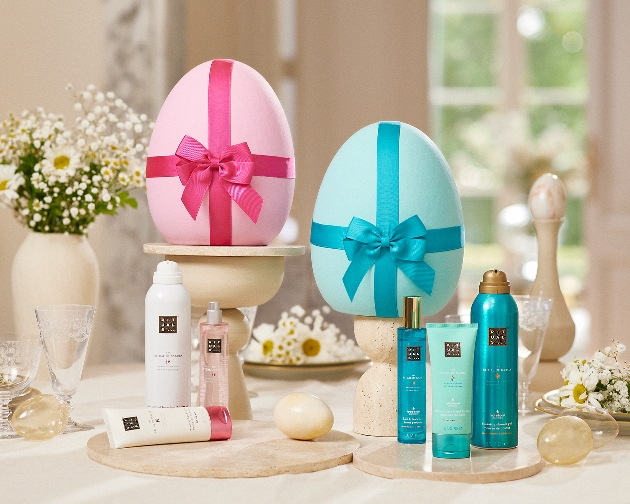 pink and blue easter eggs with beauty products