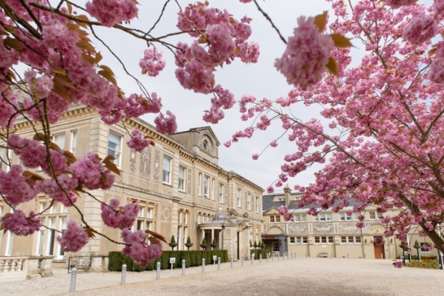 Down Hall Country House exterior with pink blossom