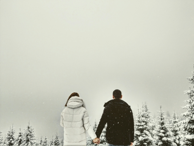 couple standing hand in hand in front of snow capped trees