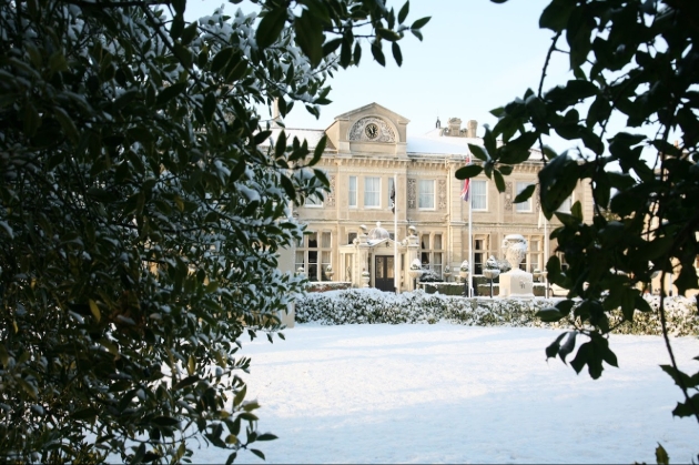 Down Hall Hotel exterior in the snow